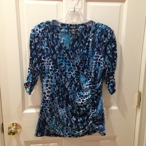 Style & Co. Tops - Style & Co Blue Teal Rouche Top Petite Medium